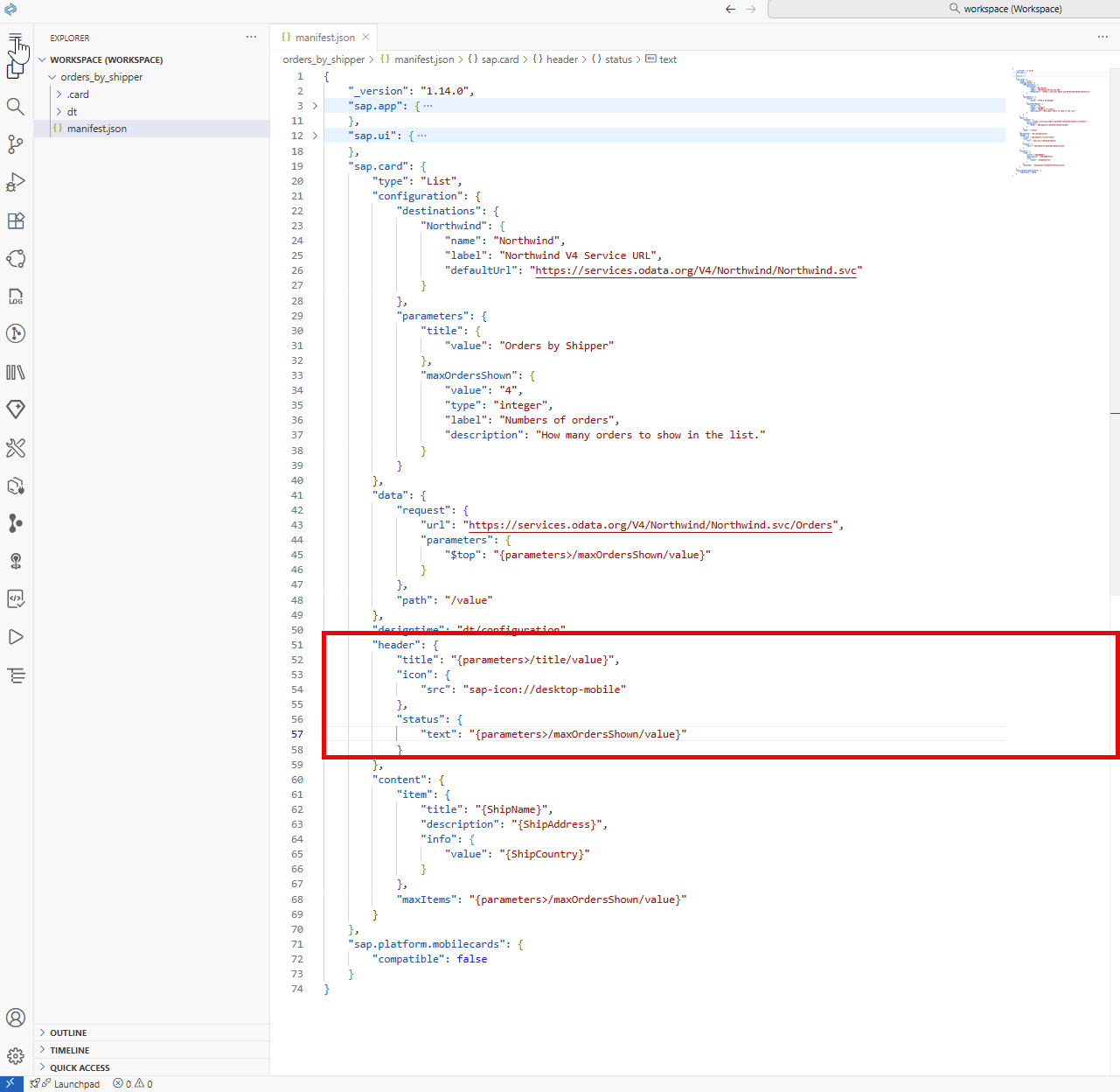 Image depicting manifest.json file - edit header